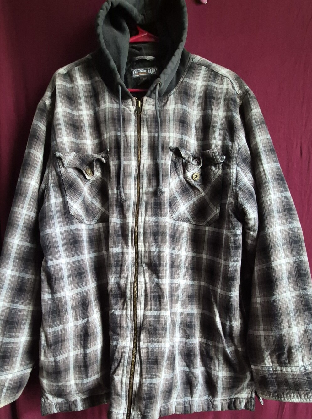 Urban Pipeline Men's XL Plaid Hooded Flannel Jacket Full Zip Grey Black